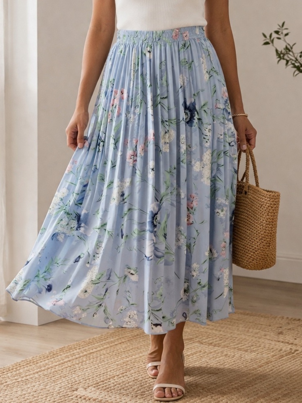 Alfred Dunner Blue Floral Pleated Flowy Midi Skirt Size 18 Romantic‎ Cottagecore